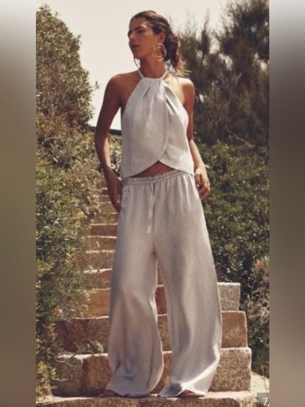 NWT ZARA 100% Linen Gray Wide-Leg Pants with crystal ends size Large